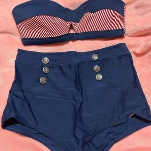 Navy and Red Striped Bikini Set